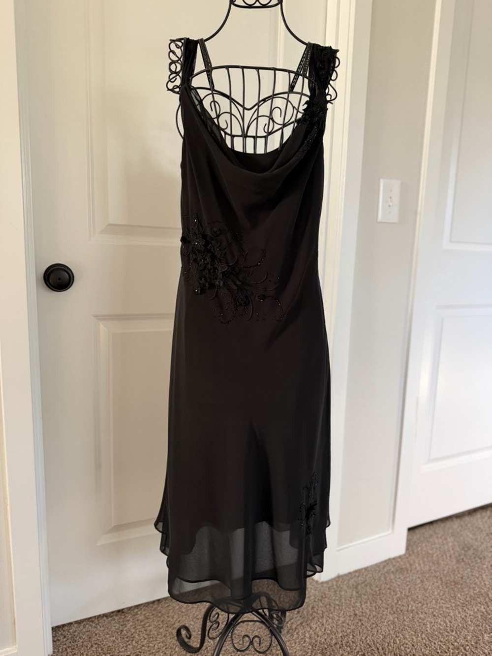 Vintage Adrianna Papell Black Beaded Cowl Neck Midi Dress